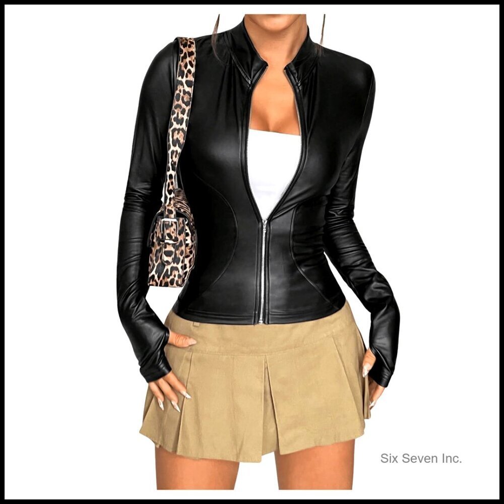Faux Leather Jacket Slim Fit Zip Up Long Sleeve Winter Coat Outerwear Chic